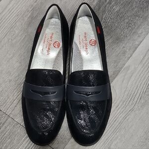 Marc Joseph Bryant Park Leather Penny Loafers Navy Glaze Sparkle Womens Size 7
